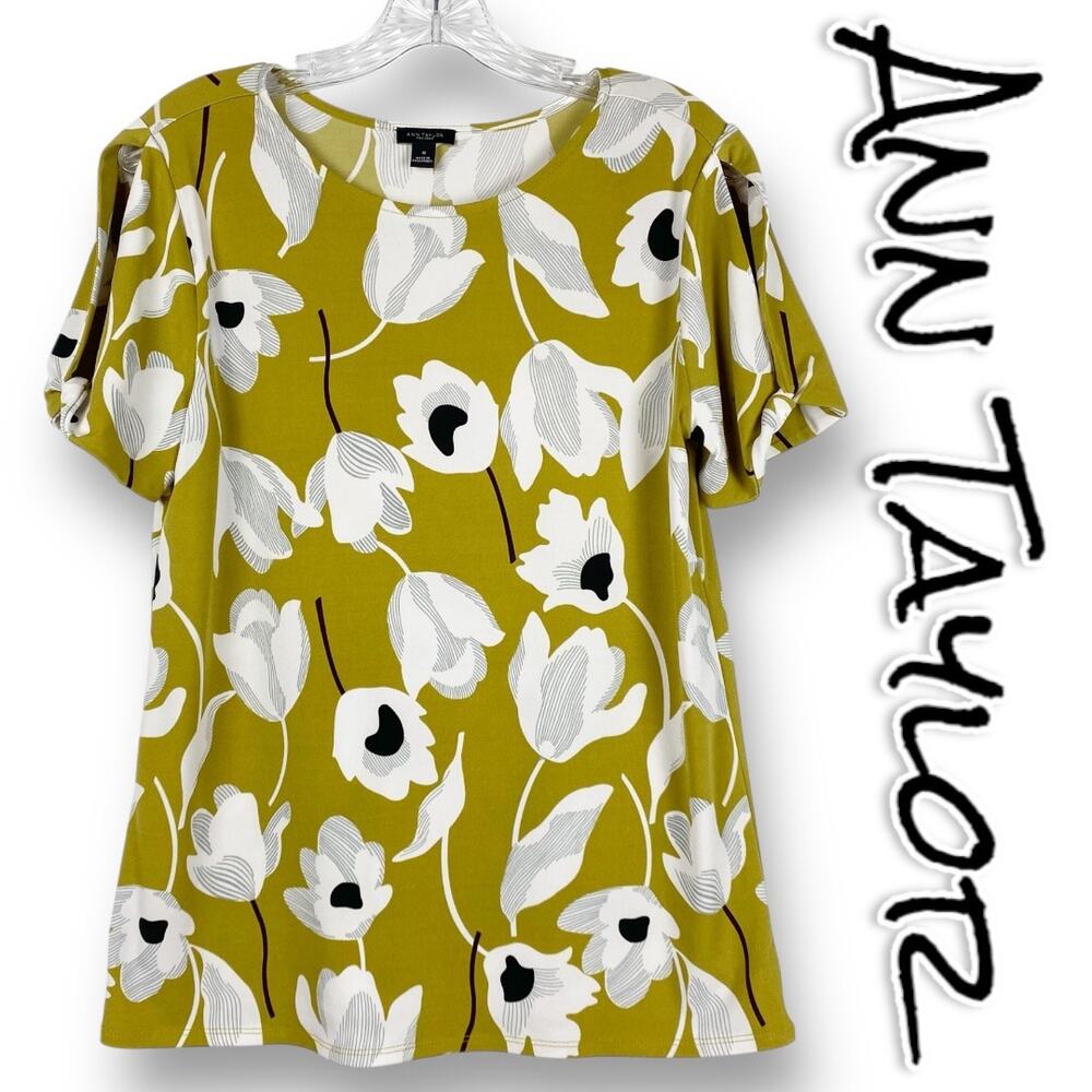 Ann Taylor Green Retro Floral Split Shoulder Wrinkle Resistant Top Womens Sz M